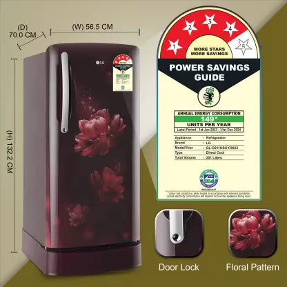 LG 201 L Direct Cool Single Door 4 Star Refrigerator with Base Drawer with Smart Inverter Compressor, Smart Connect, Fast Ice Making (Scarlet Charm, GL-D211HSCY) LG 201 L Direct Cool Single Door 4 Star Refrigerator with Base Drawer with Smart Inverter Compressor, Smart Connect, Fast Ice Making (Scarlet Charm, GL-D211HSCY)